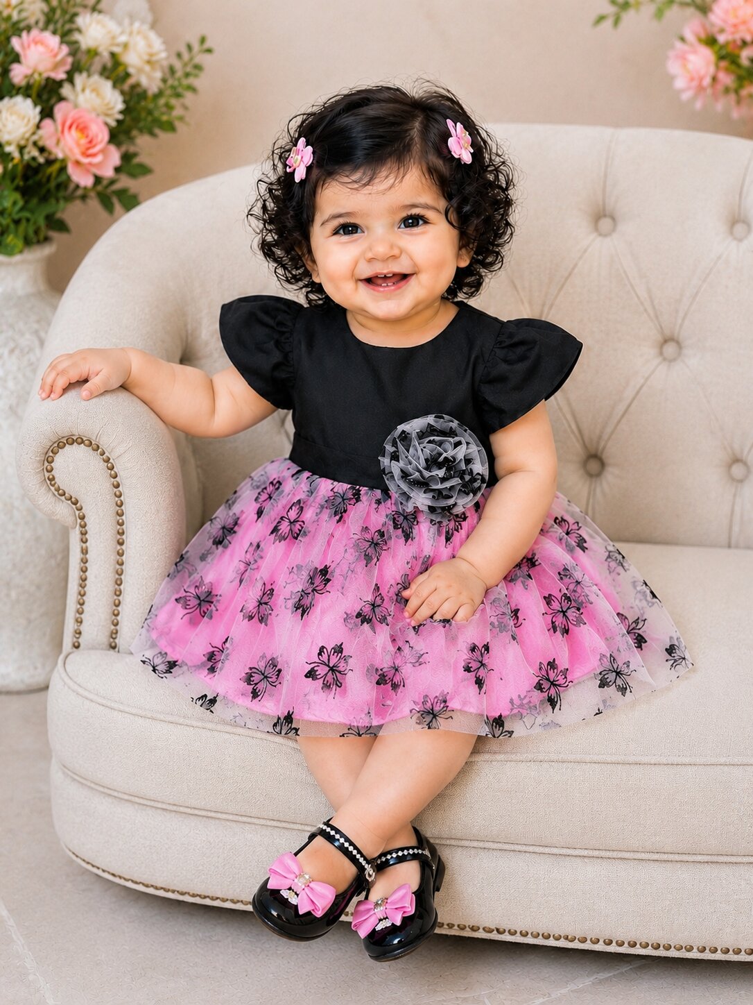 Pspeaches Baby Girl Black & Pink Ethnic Butterfly Print Taffeta Flared Dress