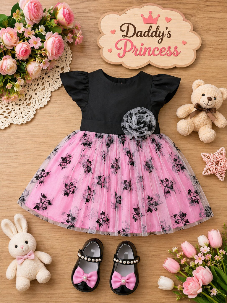 Pspeaches Baby Girl Black & Pink Ethnic Butterfly Print Taffeta Flared Dress