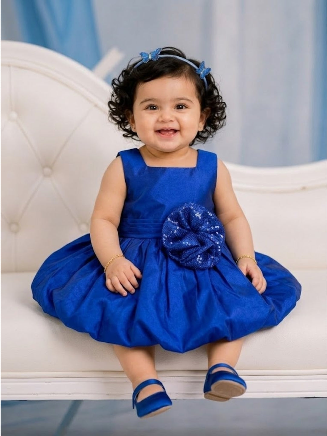Pspeaches Baby Girl Royal Blue Ethnic Solid Taffeta Flared Dress
