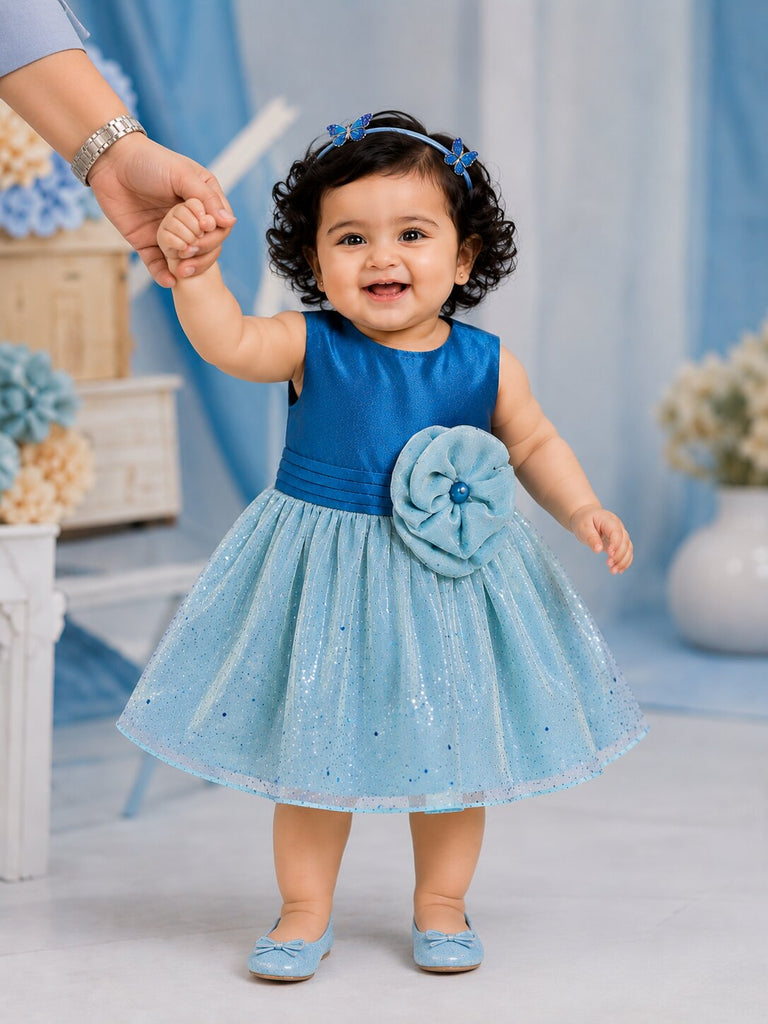 Pspeaches Baby Girl Teal Blue Ethnic Foil Shimmer Taffeta Flared Dress