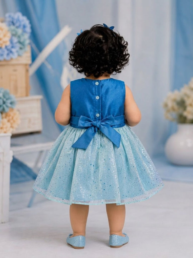 Pspeaches Baby Girl Teal Blue Ethnic Foil Shimmer Taffeta Flared Dress