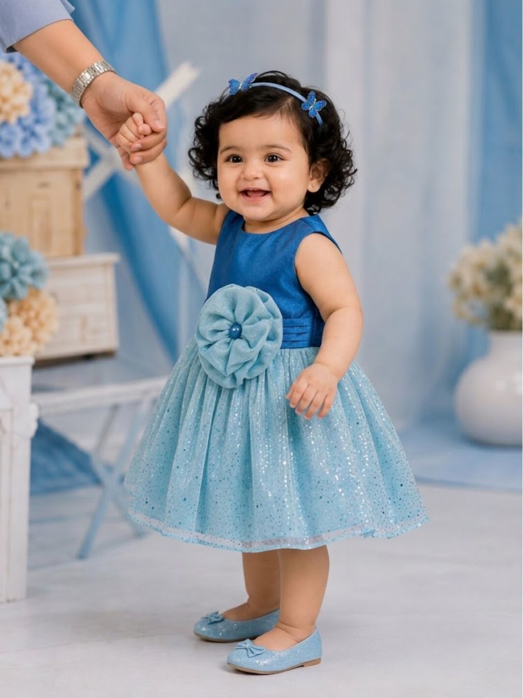 Pspeaches Baby Girl Teal Blue Ethnic Foil Shimmer Taffeta Flared Dress