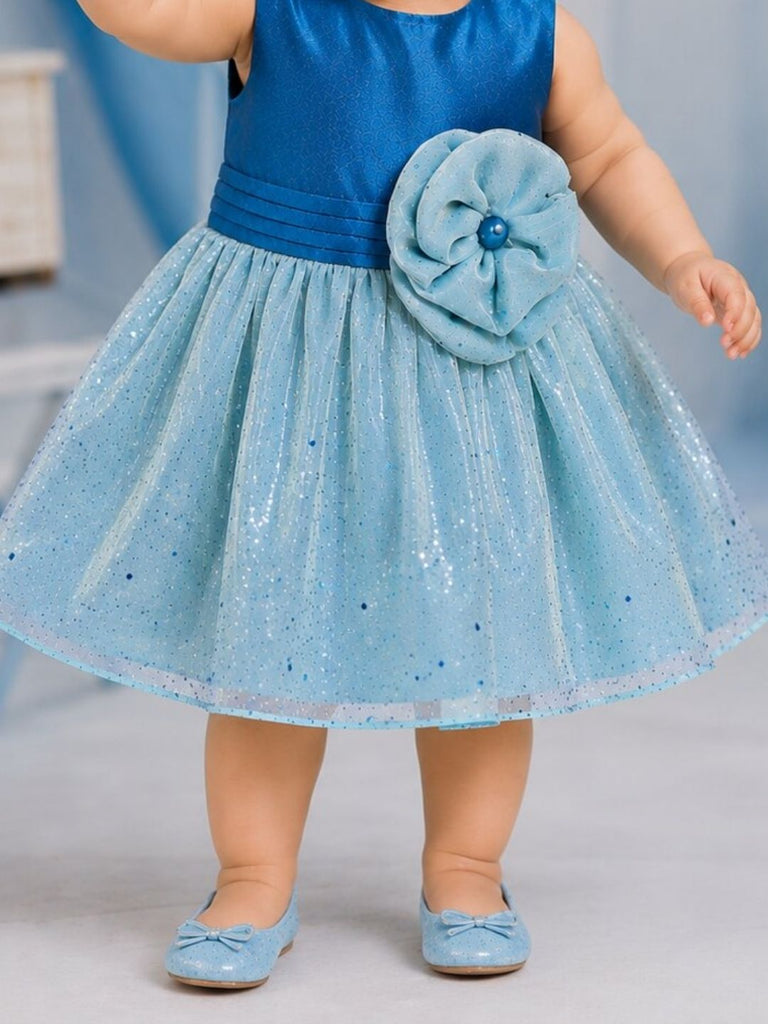 Pspeaches Baby Girl Teal Blue Ethnic Foil Shimmer Taffeta Flared Dress
