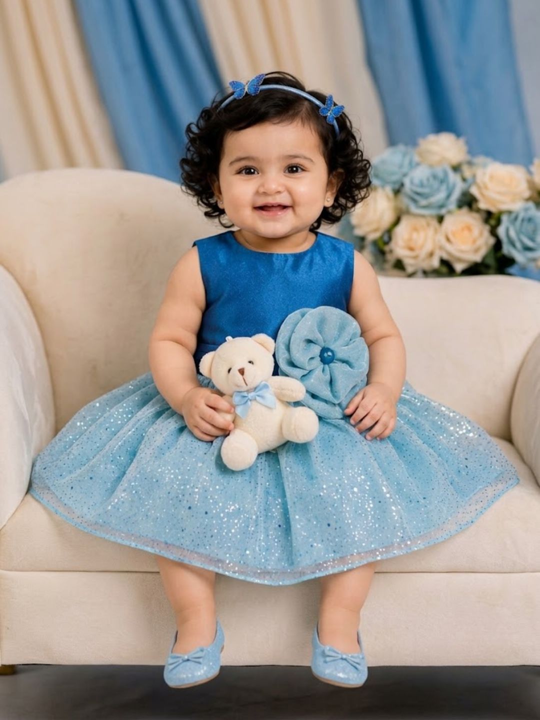 Pspeaches Baby Girl Teal Blue Ethnic Foil Shimmer Taffeta Flared Dress