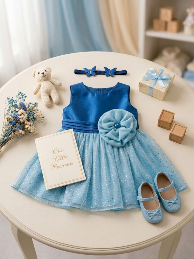 Pspeaches Baby Girl Teal Blue Ethnic Foil Shimmer Taffeta Flared Dress