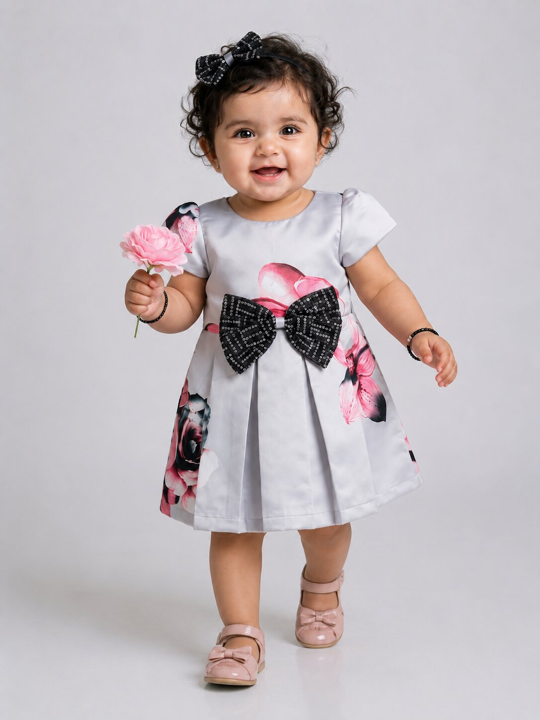 Pspeaches Baby Girl Grey Ethnic Floral Print Satin Flared Dress