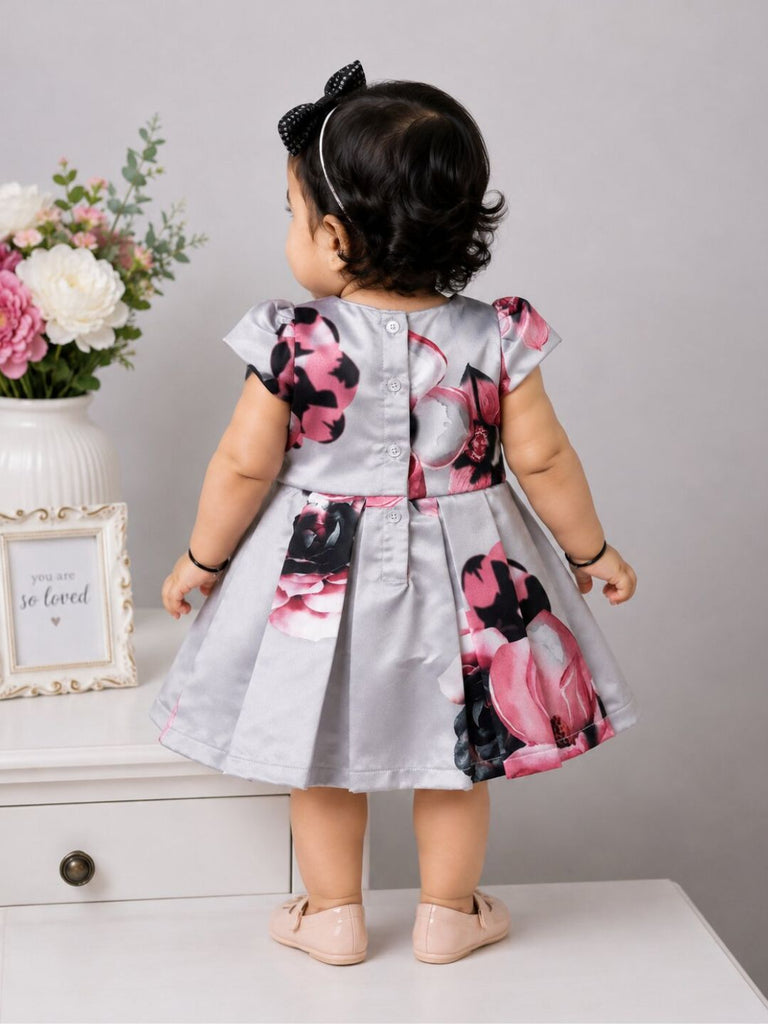 Pspeaches Baby Girl Grey Ethnic Floral Print Satin Flared Dress