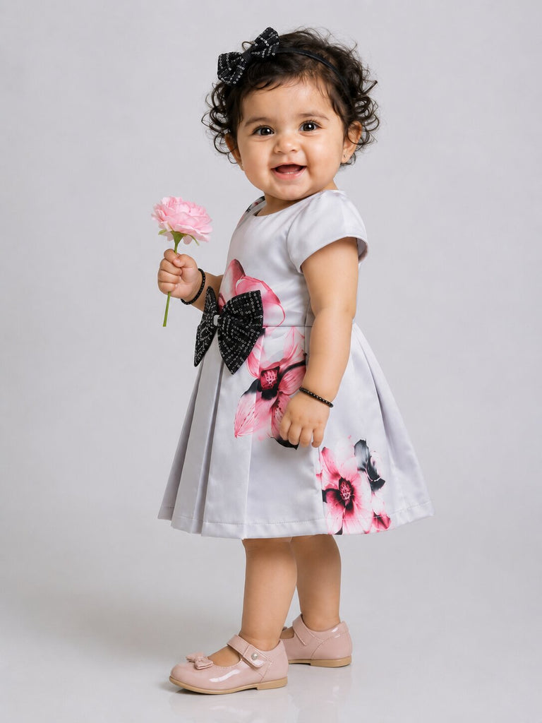 Pspeaches Baby Girl Grey Ethnic Floral Print Satin Flared Dress