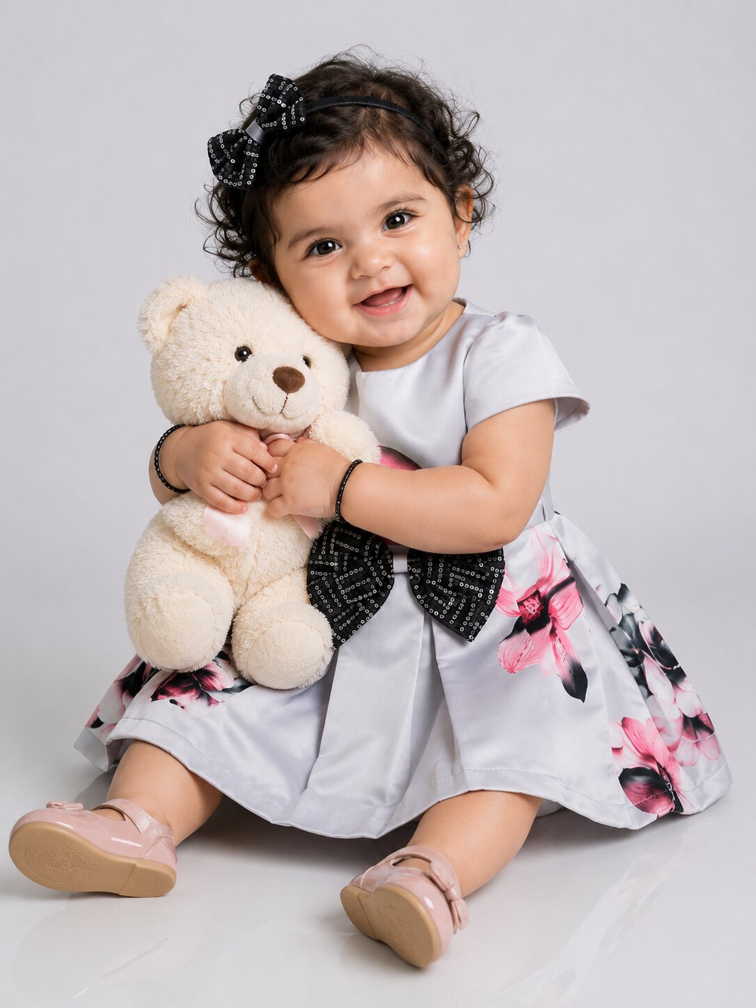 Pspeaches Baby Girl Grey Ethnic Floral Print Satin Flared Dress