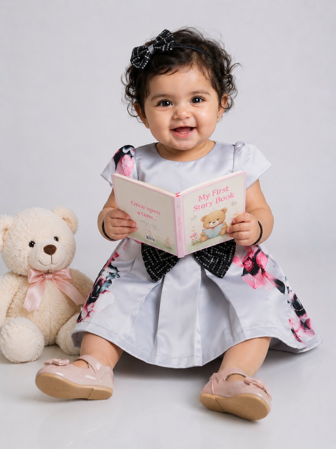 Pspeaches Baby Girl Grey Ethnic Floral Print Satin Flared Dress