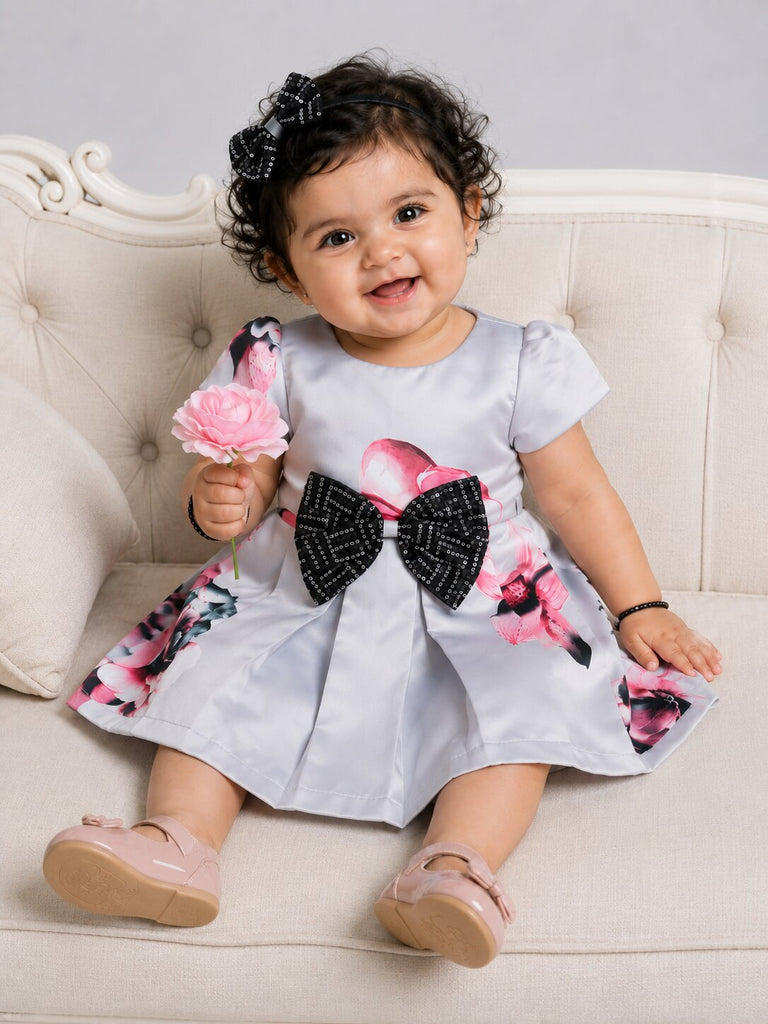 Pspeaches Baby Girl Grey Ethnic Floral Print Satin Flared Dress