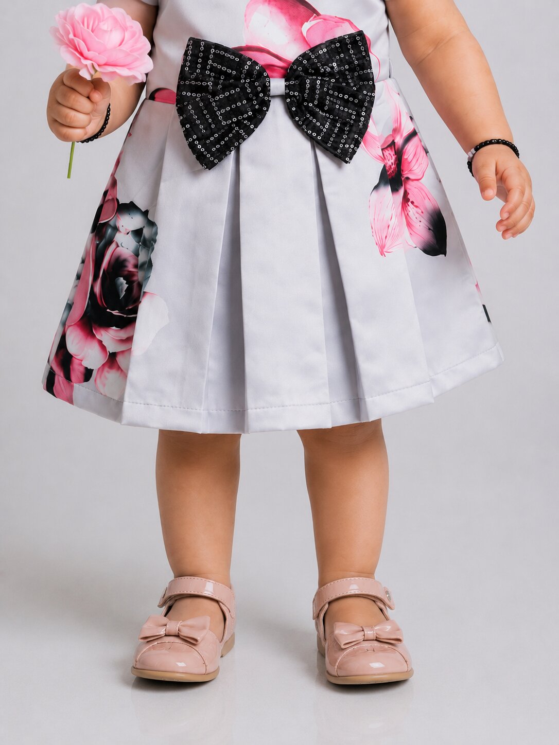 Pspeaches Baby Girl Grey Ethnic Floral Print Satin Flared Dress
