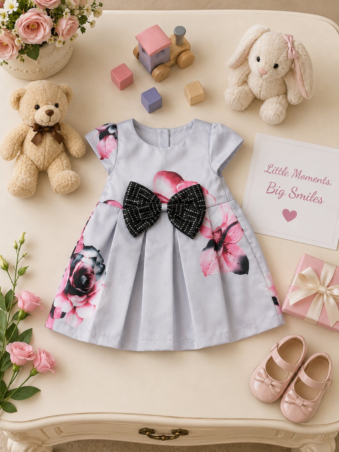 Pspeaches Baby Girl Grey Ethnic Floral Print Satin Flared Dress