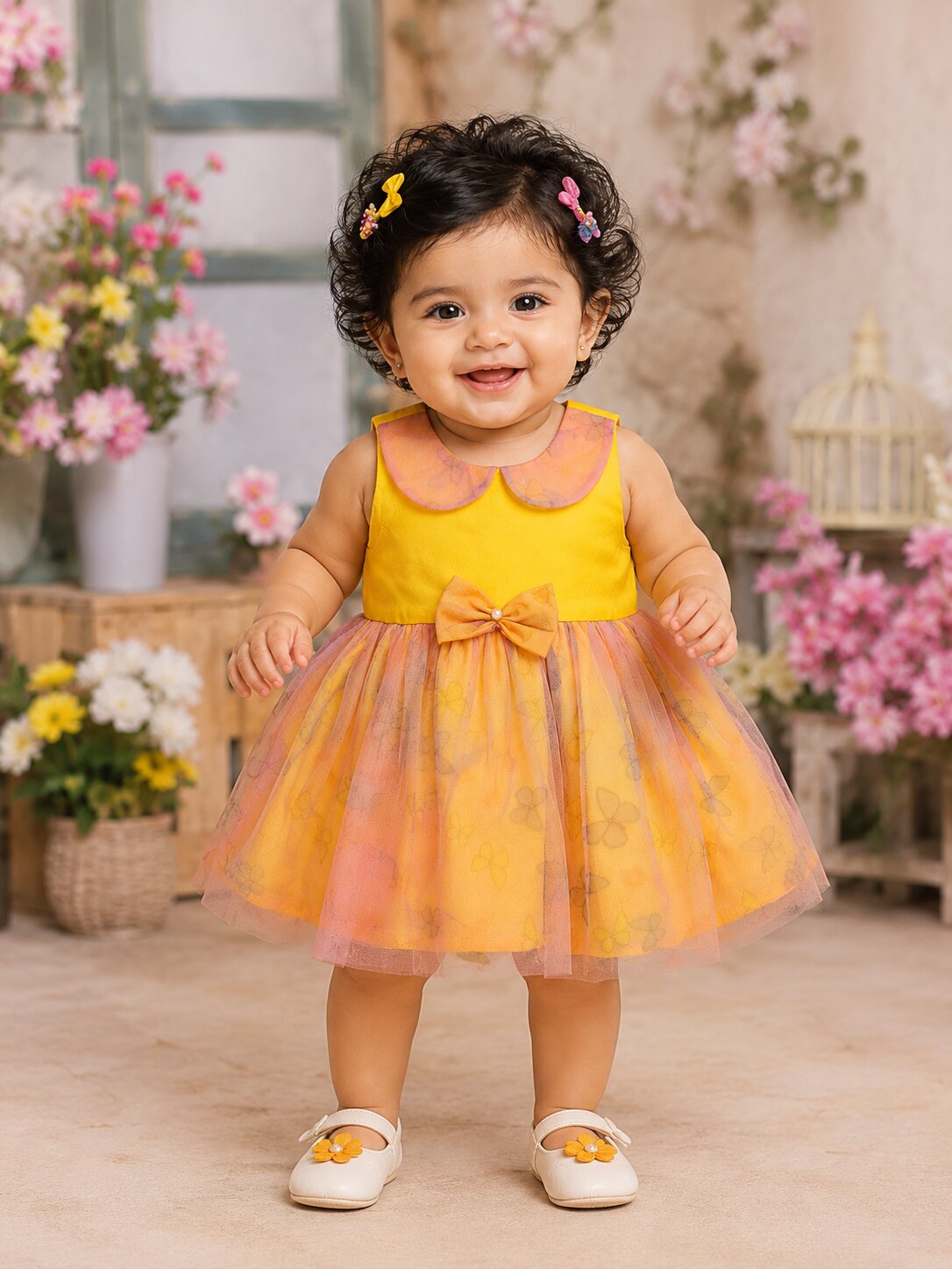 Pspeaches Baby Girl Yellow Ethnic Floral Print Taffeta Flared Dress