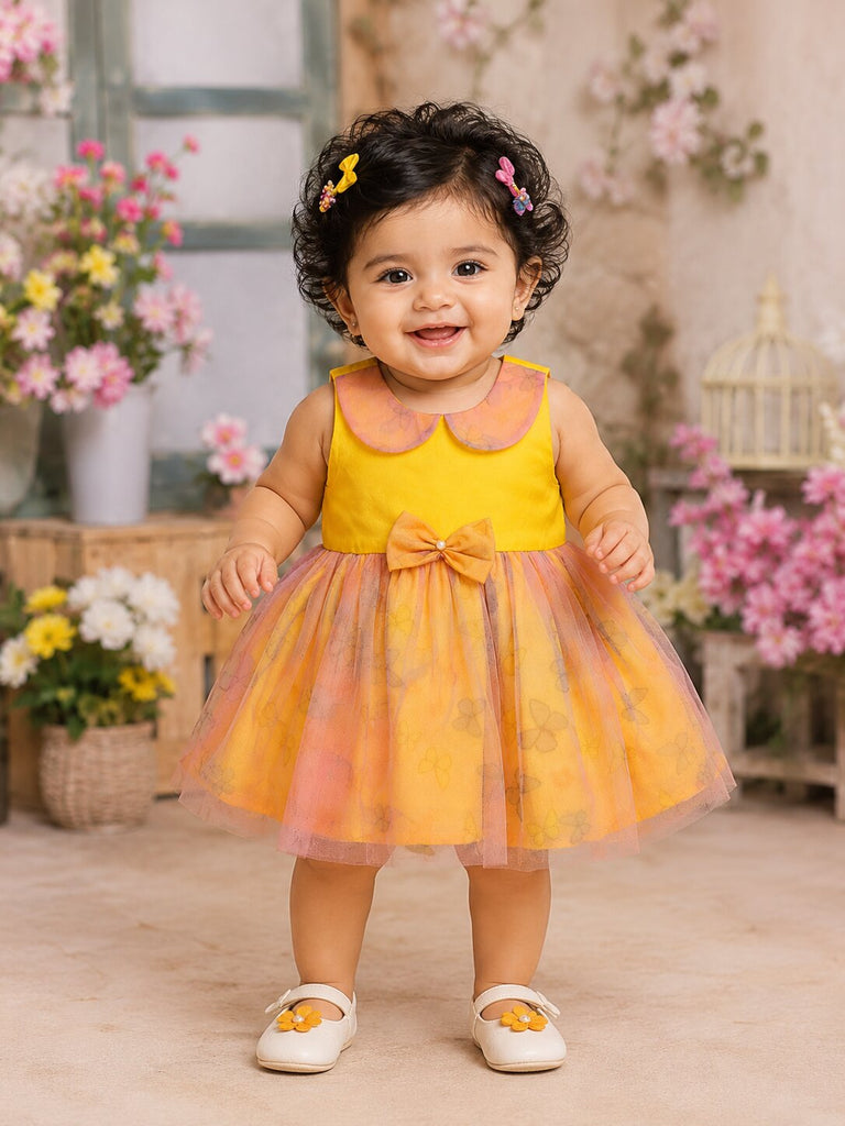 Pspeaches Baby Girl Yellow Ethnic Floral Print Taffeta Flared Dress