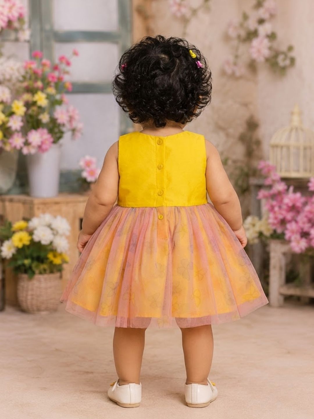 Pspeaches Baby Girl Yellow Ethnic Floral Print Taffeta Flared Dress