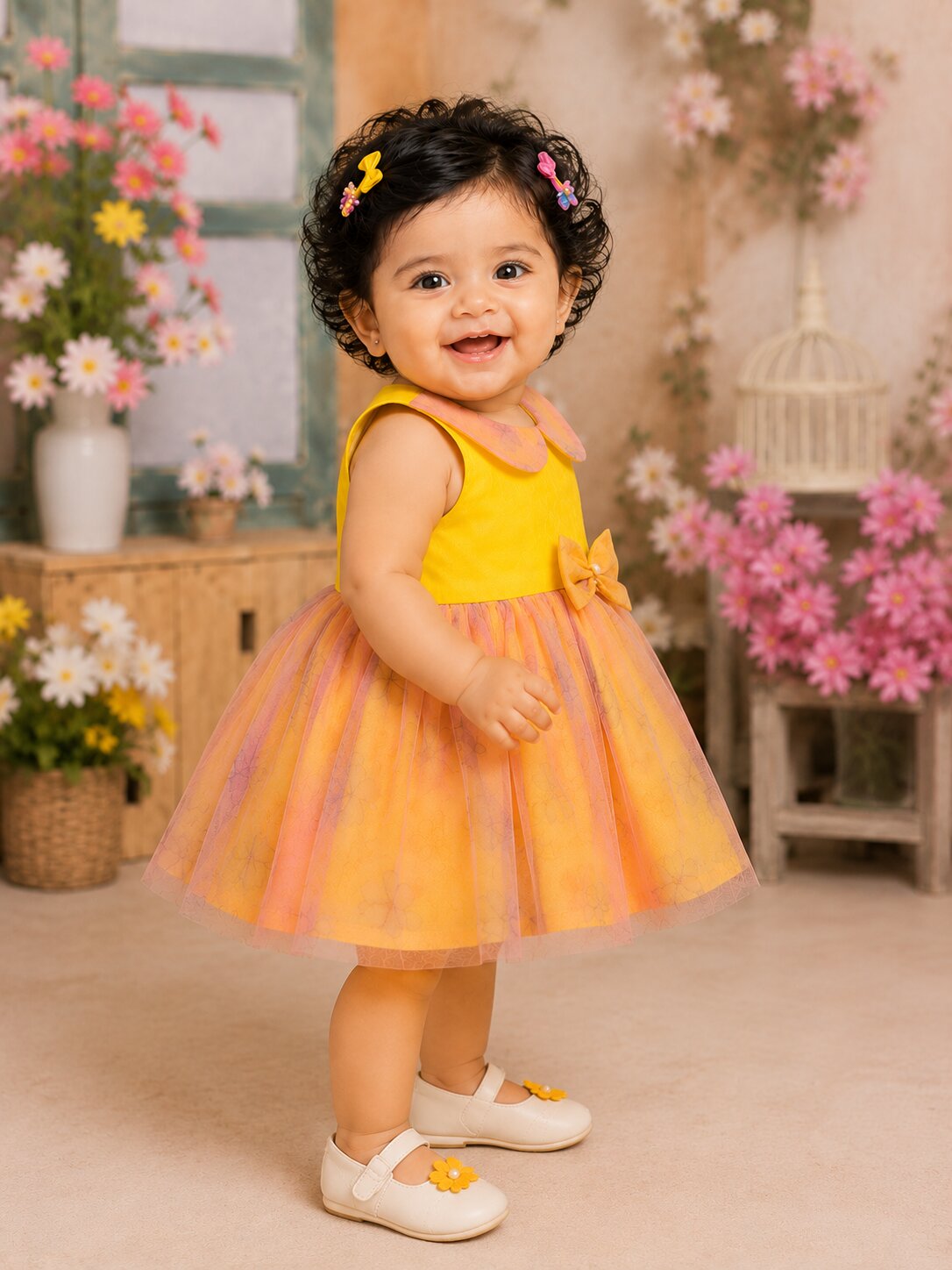 Pspeaches Baby Girl Yellow Ethnic Floral Print Taffeta Flared Dress