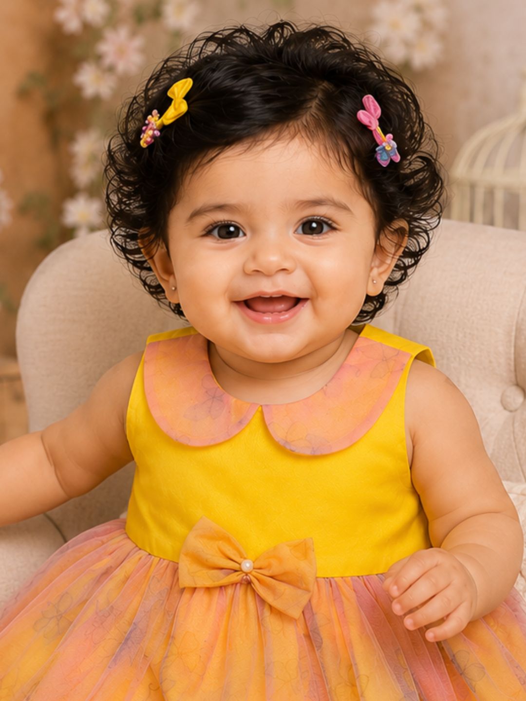 Pspeaches Baby Girl Yellow Ethnic Floral Print Taffeta Flared Dress