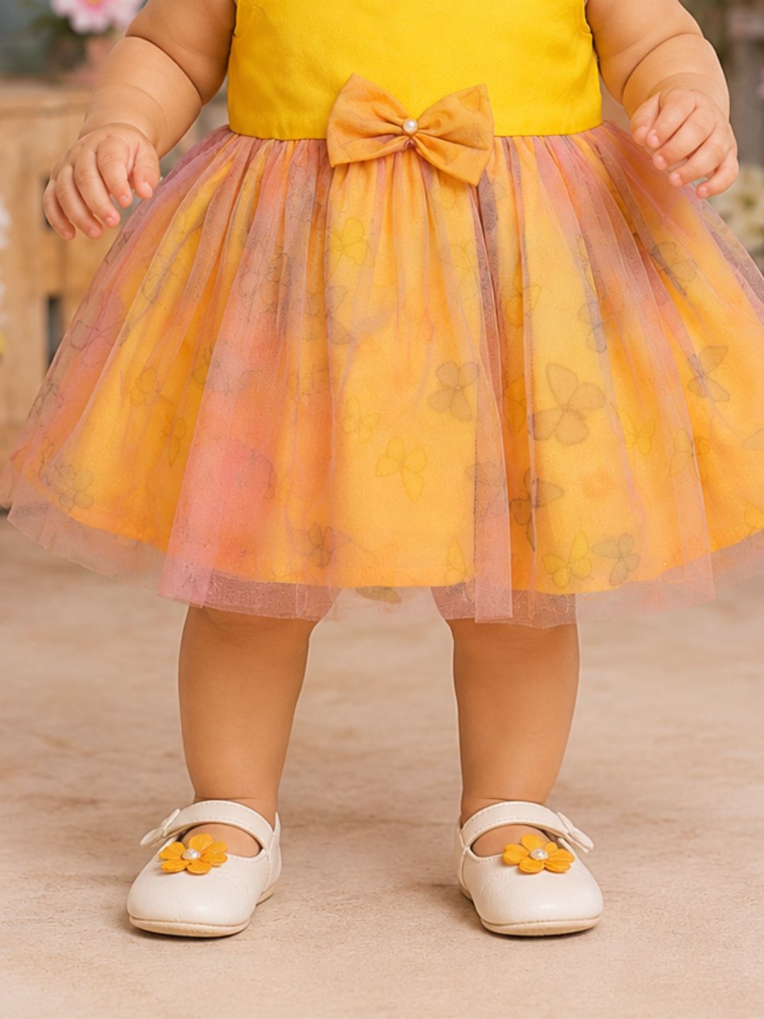 Pspeaches Baby Girl Yellow Ethnic Floral Print Taffeta Flared Dress
