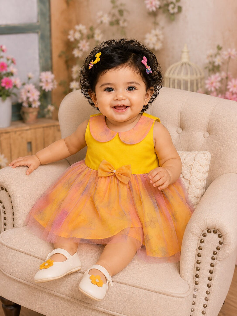 Pspeaches Baby Girl Yellow Ethnic Floral Print Taffeta Flared Dress