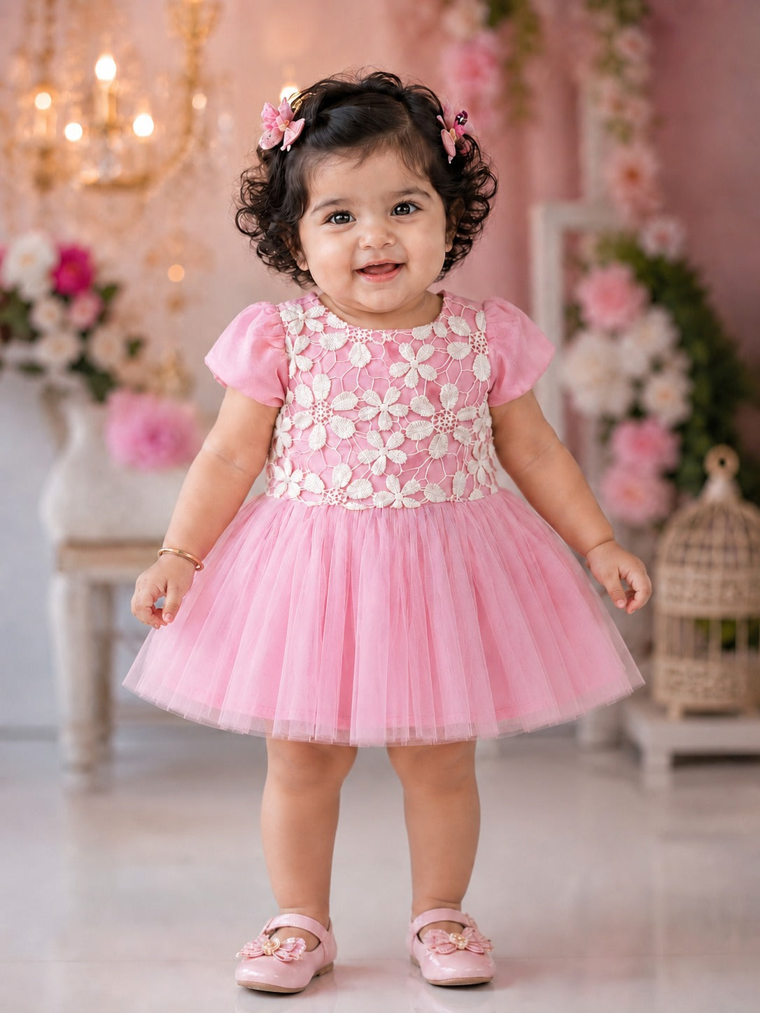 Pspeaches Baby Girl Baby Pink Ethnic Solid Taffeta Flared Dress