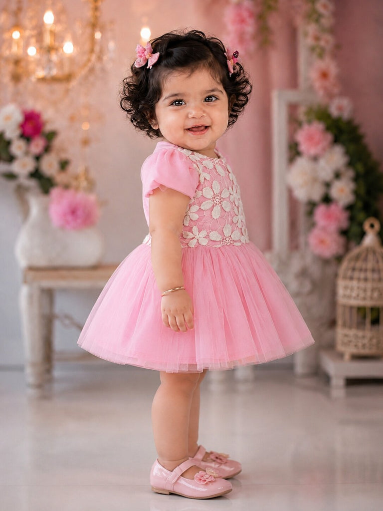 Pspeaches Baby Girl Baby Pink Ethnic Solid Taffeta Flared Dress
