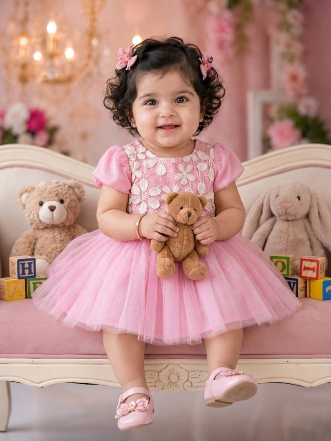 Pspeaches Baby Girl Baby Pink Ethnic Solid Taffeta Flared Dress