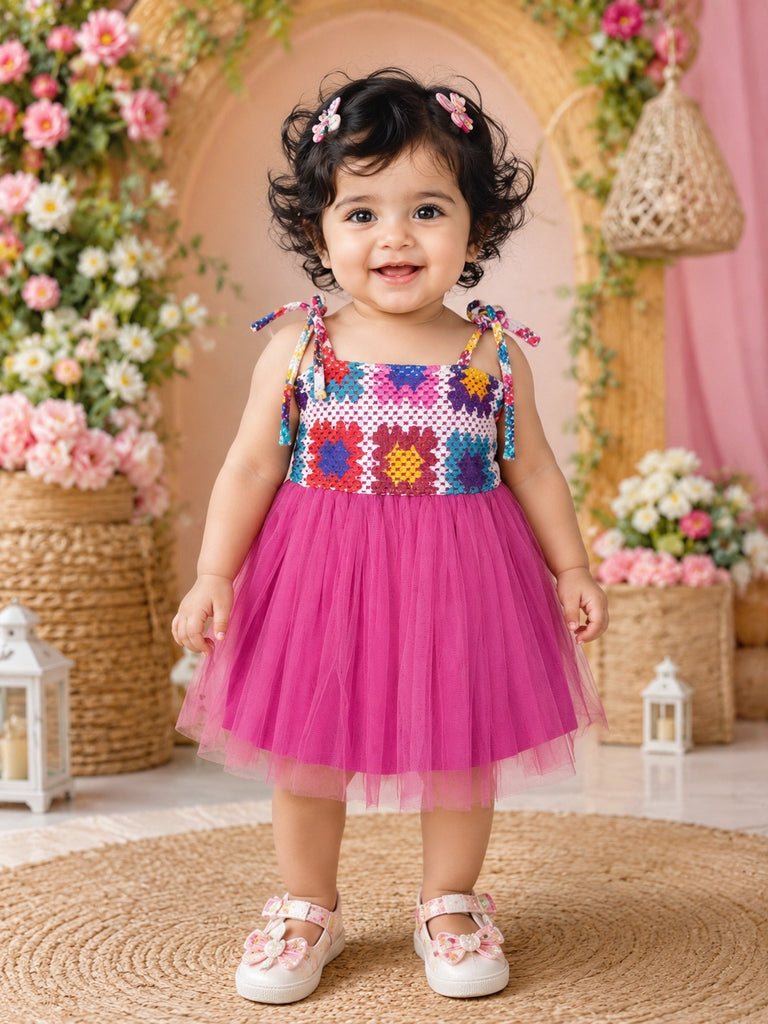 Pspeaches Baby Girl Magenta Ethnic Solid & Multi Cotton Flared Dress