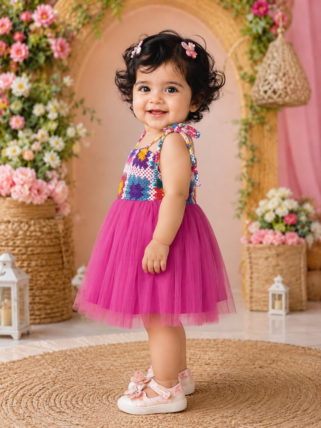 Pspeaches Baby Girl Magenta Ethnic Solid & Multi Cotton Flared Dress