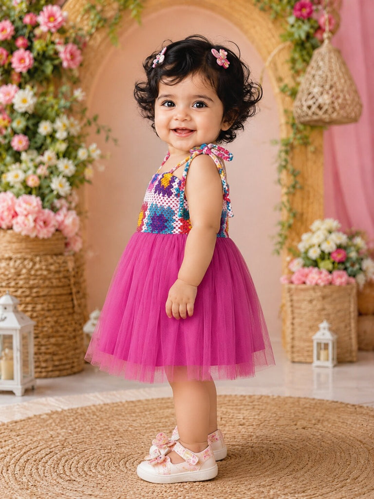Pspeaches Baby Girl Magenta Ethnic Solid & Multi Cotton Flared Dress