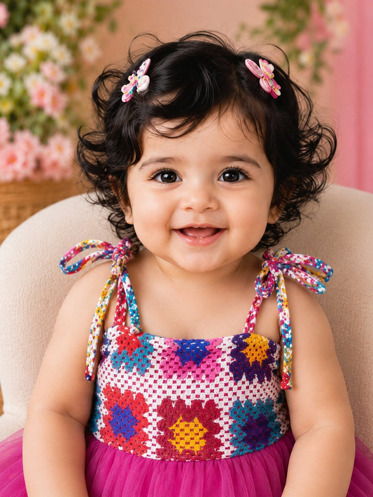 Pspeaches Baby Girl Magenta Ethnic Solid & Multi Cotton Flared Dress