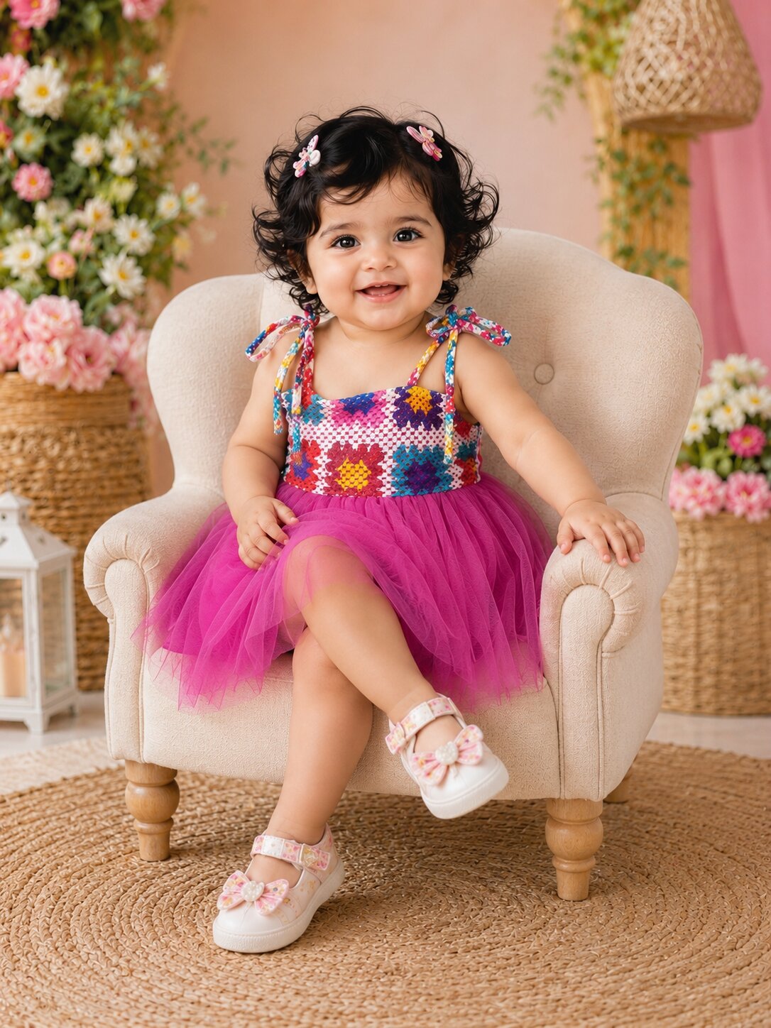 Pspeaches Baby Girl Magenta Ethnic Solid & Multi Cotton Flared Dress