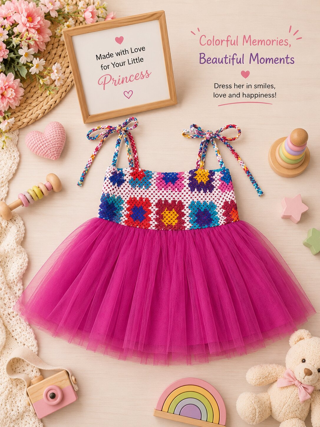 Pspeaches Baby Girl Magenta Ethnic Solid & Multi Cotton Flared Dress