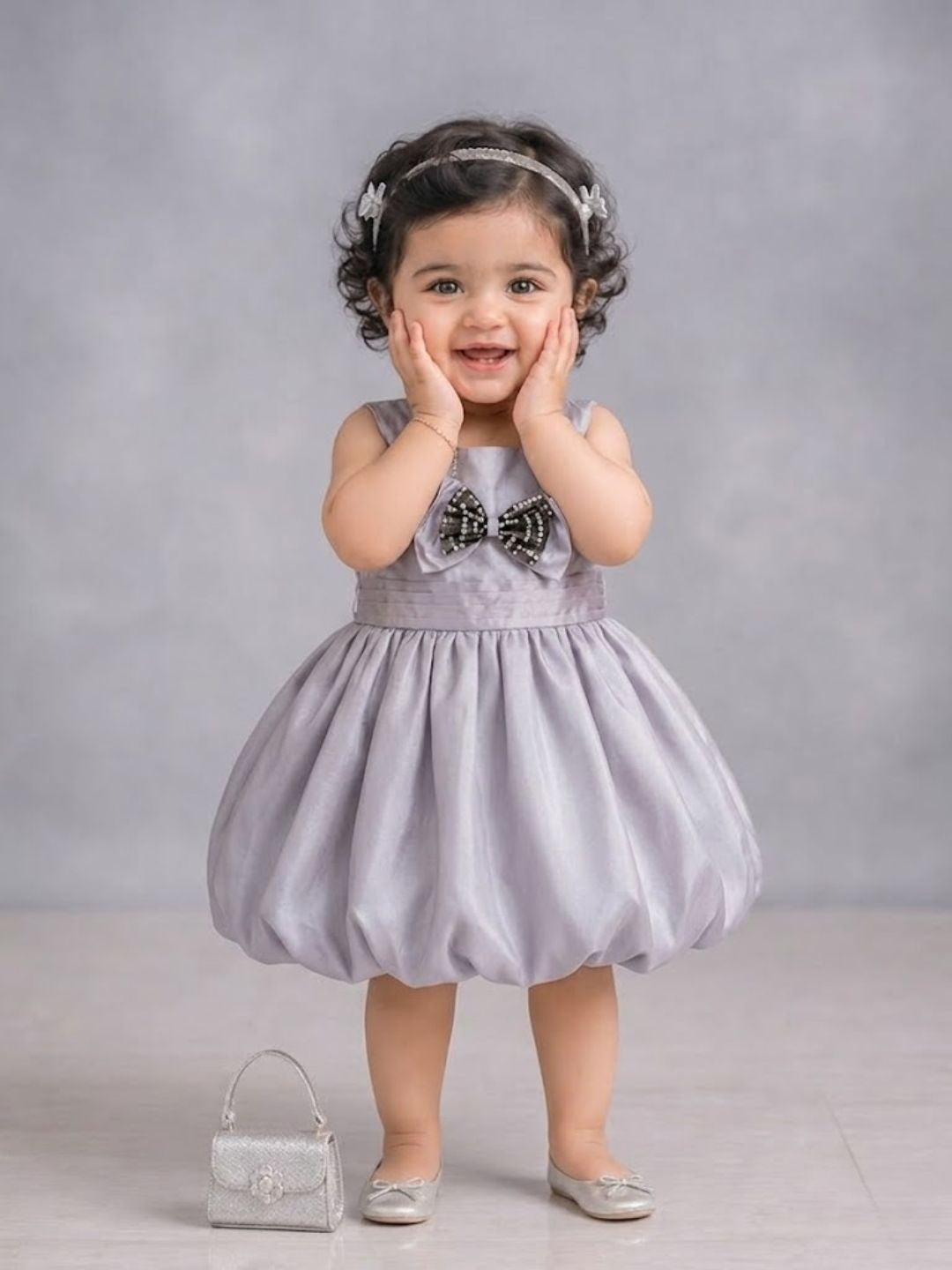 Pspeaches Baby Girl Grey Ethnic Solid Taffeta Flared Dress