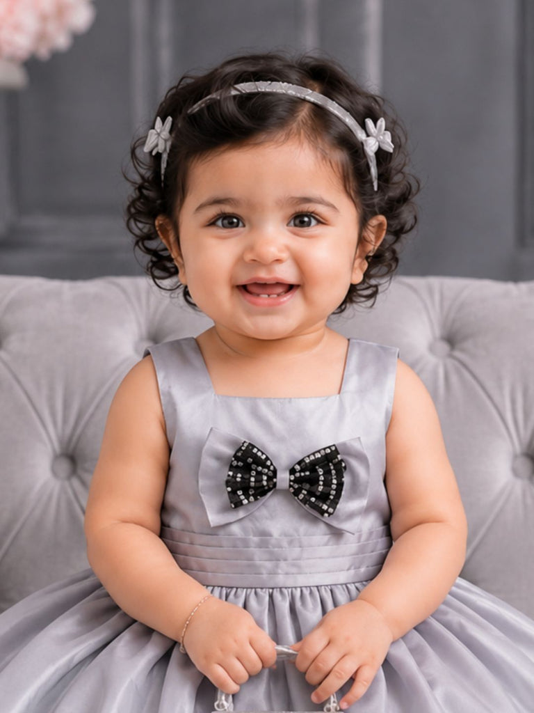 Pspeaches Baby Girl Grey Ethnic Solid Taffeta Flared Dress