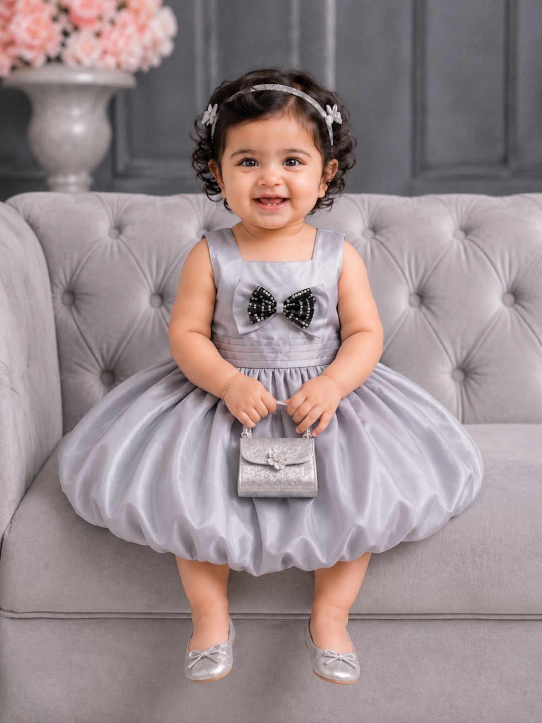 Pspeaches Baby Girl Grey Ethnic Solid Taffeta Flared Dress