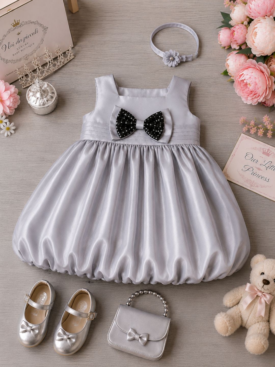 Pspeaches Baby Girl Grey Ethnic Solid Taffeta Flared Dress