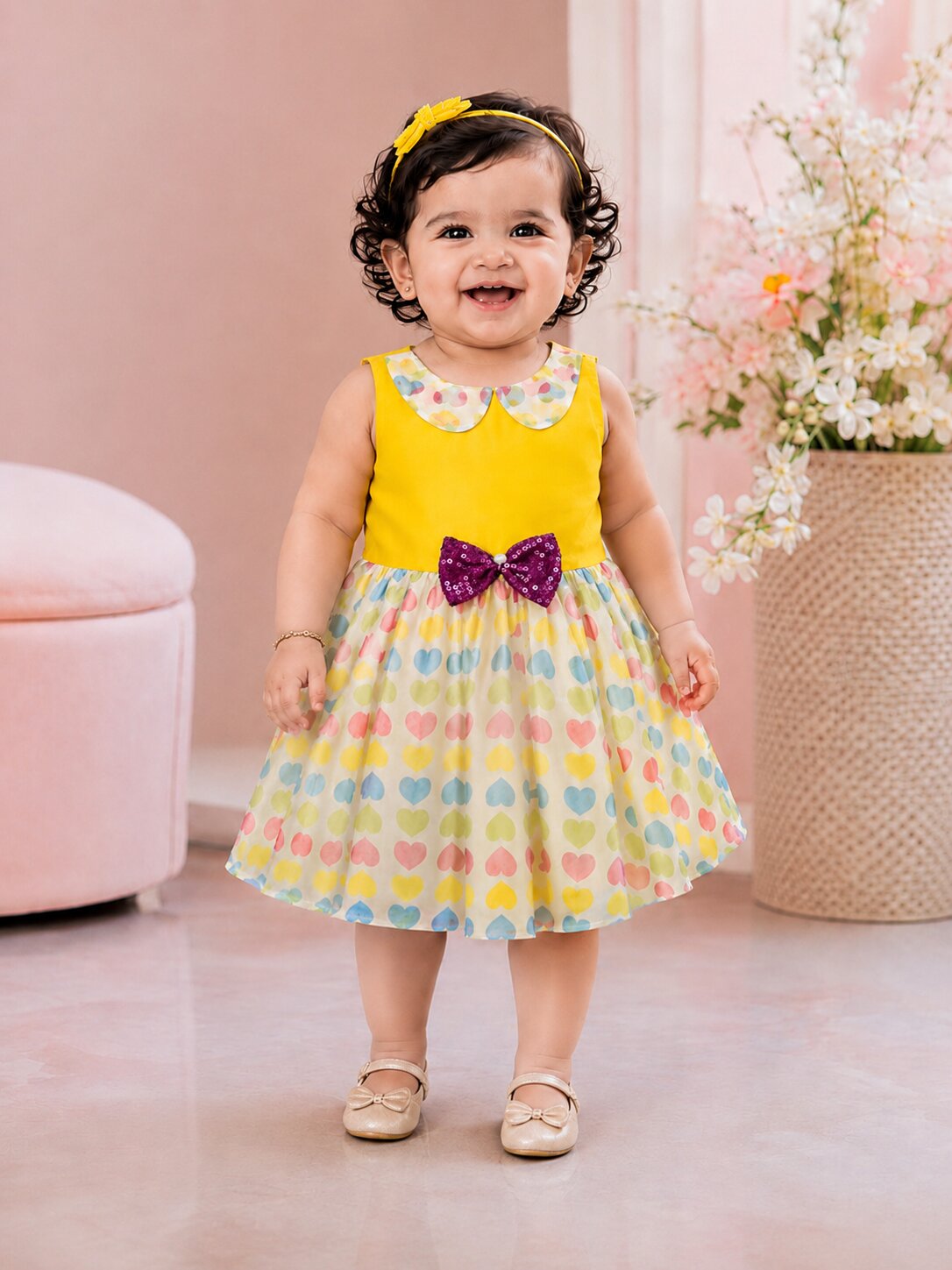 Pspeaches Baby Girl Yellow Ethnic Printed Net Taffeta Asymmetric Dress