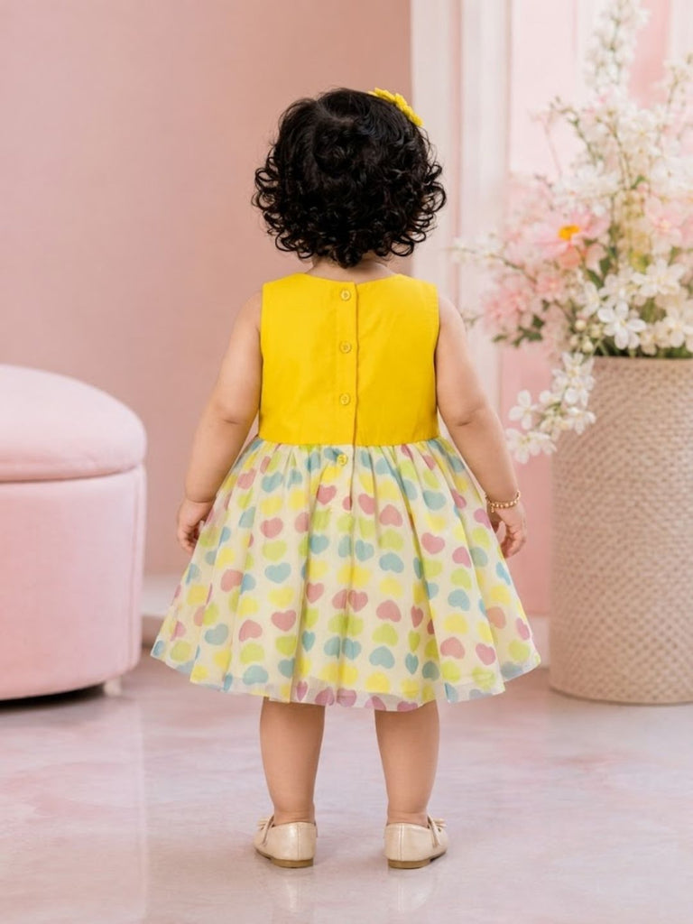 Pspeaches Baby Girl Yellow Ethnic Printed Net Taffeta Asymmetric Dress