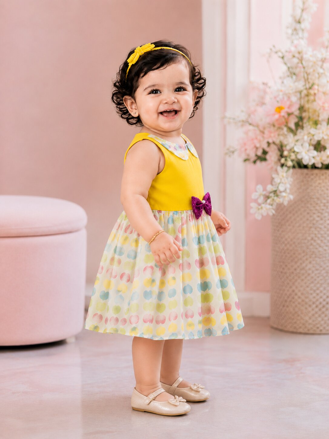 Pspeaches Baby Girl Yellow Ethnic Printed Net Taffeta Asymmetric Dress