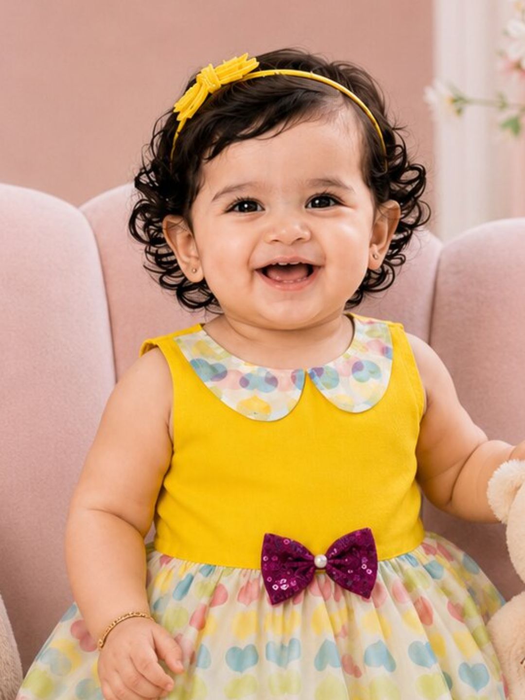 Pspeaches Baby Girl Yellow Ethnic Printed Net Taffeta Asymmetric Dress
