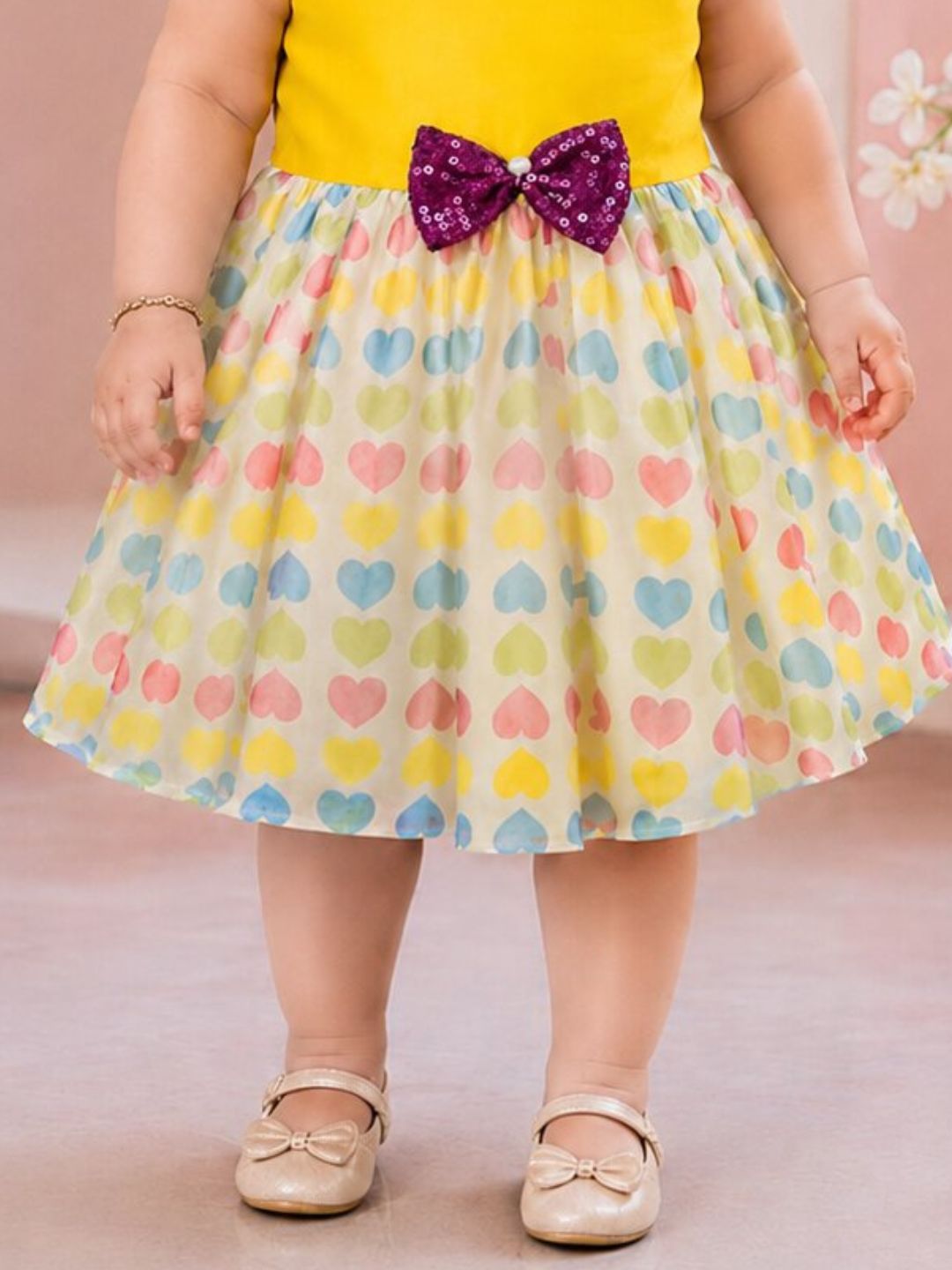Pspeaches Baby Girl Yellow Ethnic Printed Net Taffeta Asymmetric Dress