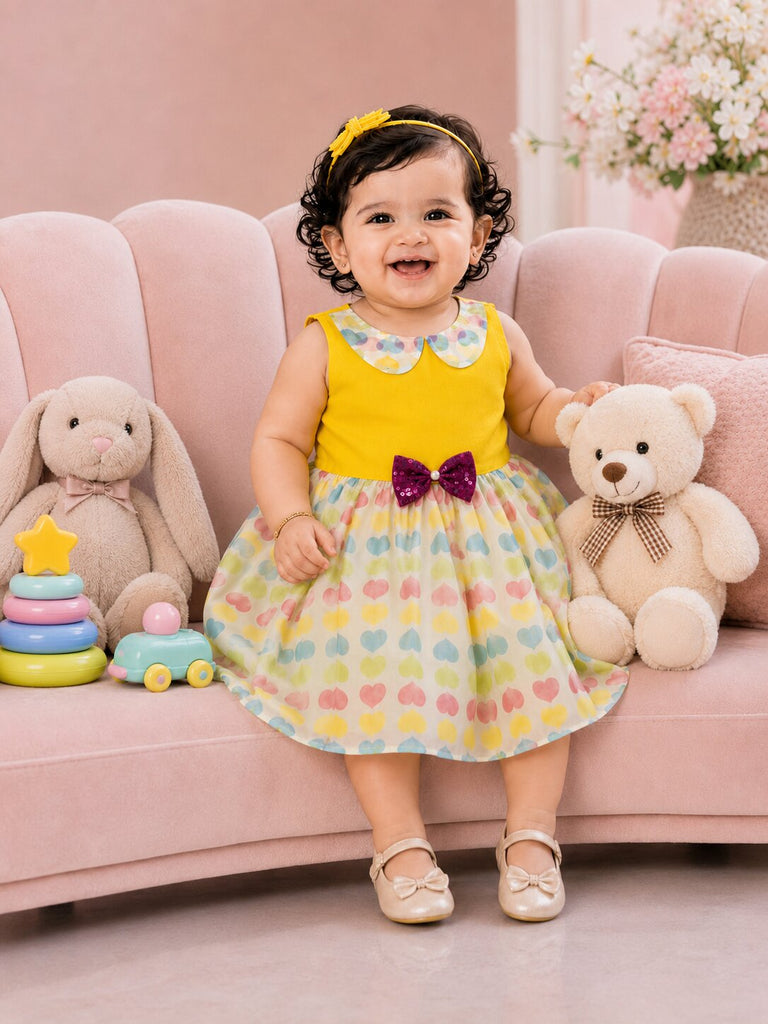 Pspeaches Baby Girl Yellow Ethnic Printed Net Taffeta Asymmetric Dress