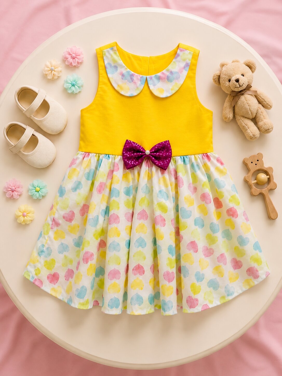 Pspeaches Baby Girl Yellow Ethnic Printed Net Taffeta Asymmetric Dress