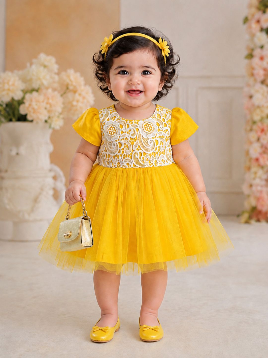 Pspeaches Baby Girl Yellow Ethnic Solid Dupion Flared Dress