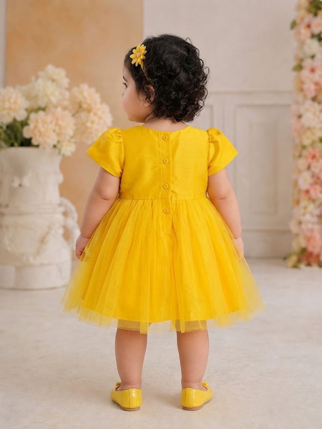 Pspeaches Baby Girl Yellow Ethnic Solid Dupion Flared Dress
