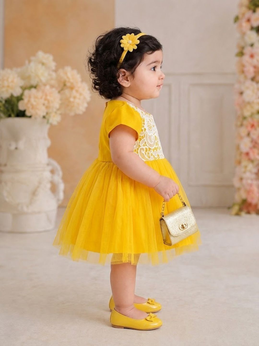 Pspeaches Baby Girl Yellow Ethnic Solid Dupion Flared Dress
