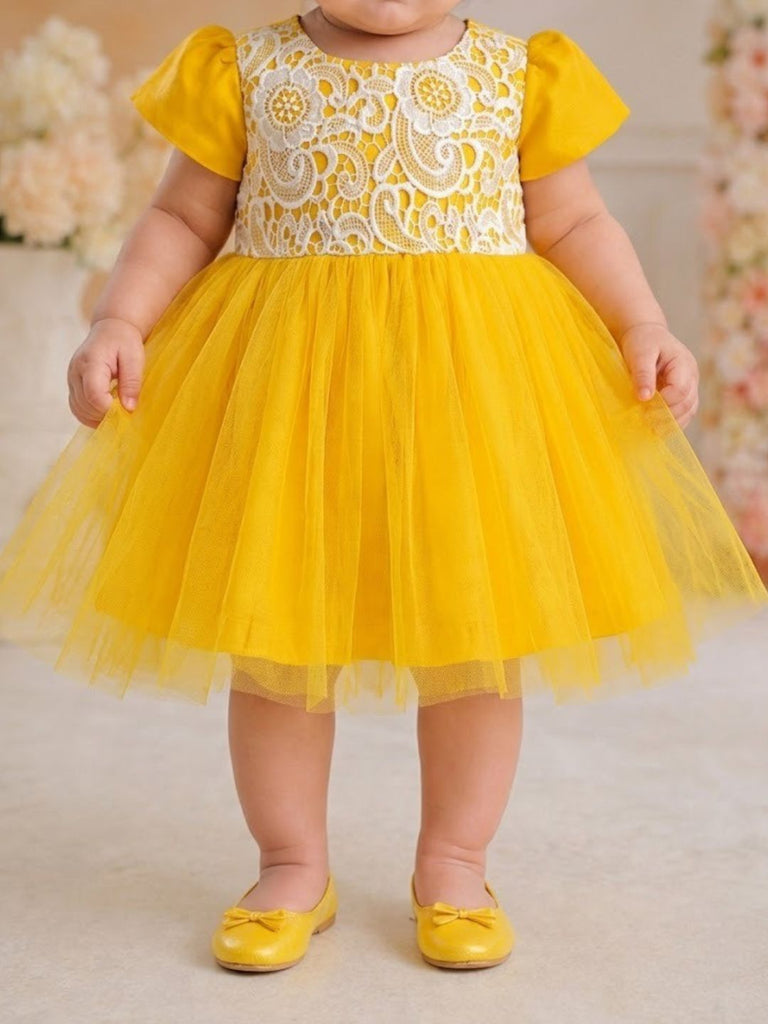 Pspeaches Baby Girl Yellow Ethnic Solid Dupion Flared Dress
