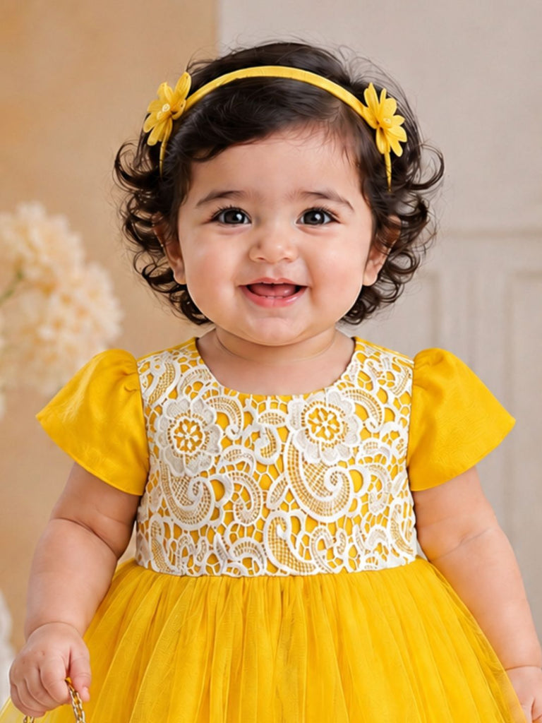 Pspeaches Baby Girl Yellow Ethnic Solid Dupion Flared Dress