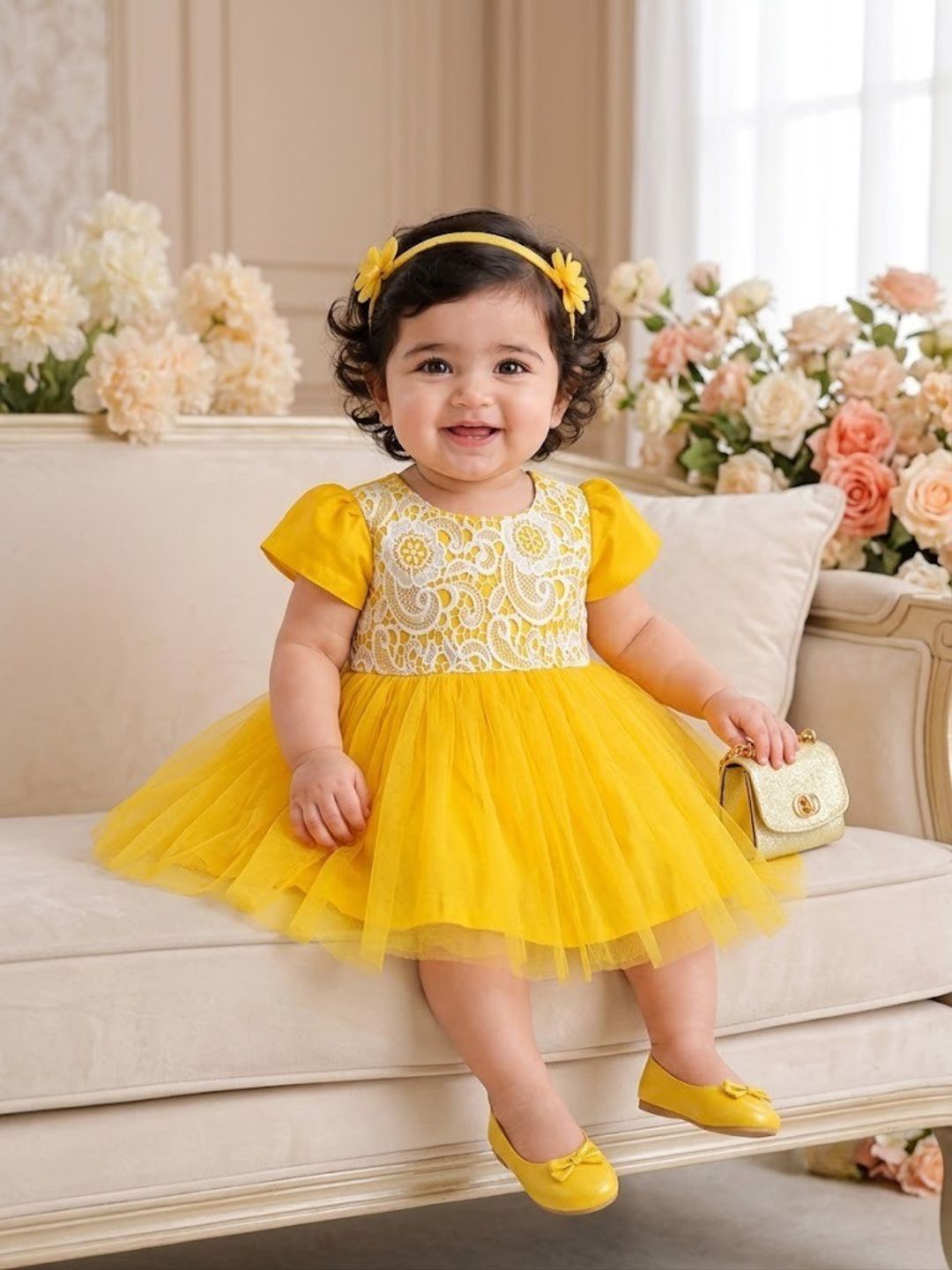 Pspeaches Baby Girl Yellow Ethnic Solid Dupion Flared Dress